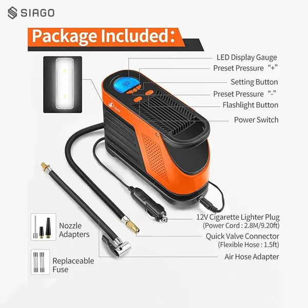 Orange_Sia339_Tire_Inflator_Portable_Air_Compressor,_12V_Dc_150Psi_Tire_Pump_With_Digital_Pressure_Gauge_And_Led_Light,_Auto_Shut_Off