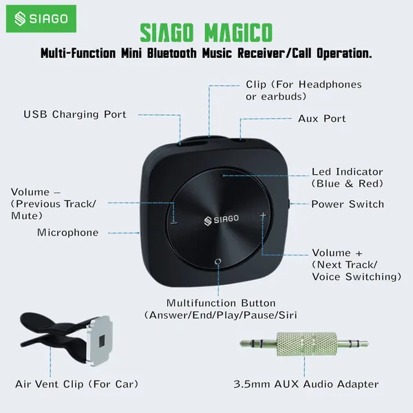 SIAGO_SIA377_Smart_Car_Bluetooth_AUX_Adapter_Receiver_Car_Kit_Bluetooth_Receiver_with_3.5mm_AUX_for_Home_Music_Stereo_Speakers_Headphones_(Built_in_Mic_with_BT._5.0_Version)