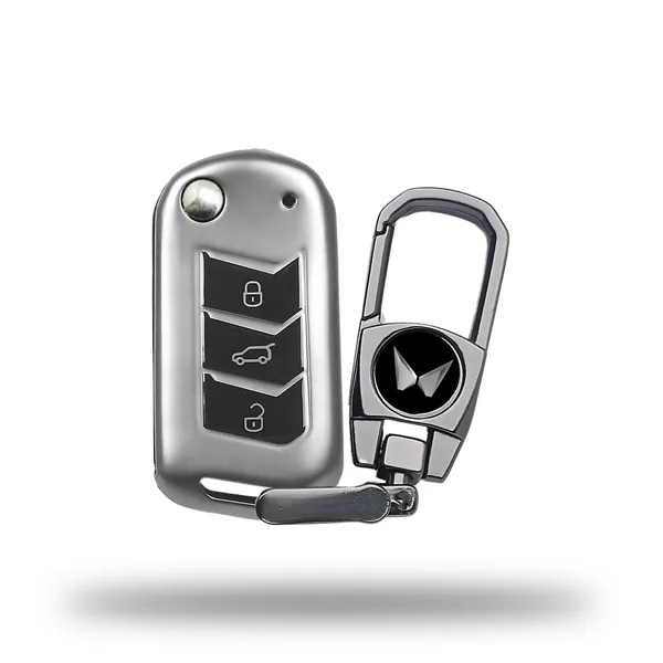 Grey_Tpu_Key_Cover_And_Metal_Keychain_Compatible_For_Mahindra_Scorpio_2019+|_Bolero_2020+_Xuv_300_|_Marazzo_|_Xuv_700_|_Xuv_400_Ev_|_Bolero_|_Thar_2020+_3_Button_Flip_Key