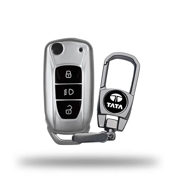 Grey_Tpu_Key_Cover_And_Metal_Keychain_Compatible_For_Tata_Nexon_|_Altroz_|_Tiago_|_Punch_|_Harrier_|_Safari_|_Tigor_3_Button_Flip_Key_Cover