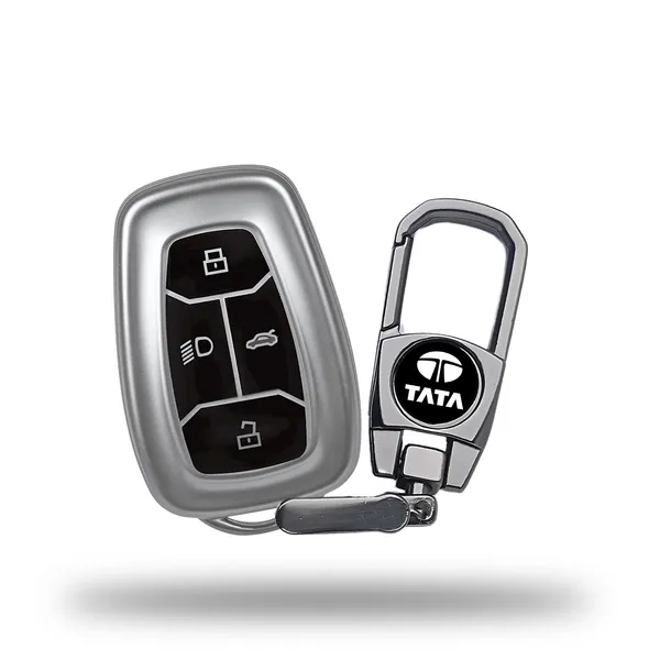 Grey_Tpu_Key_Cover_And_Metal_Keychain_Compatible_For_Tata_Nexon_|_Harrier_|_Safari_|_Altroz_|_Tigor_|_Ev_|_Punch_|_Tiago_Ev_Electric_4_Button_Smart_Key