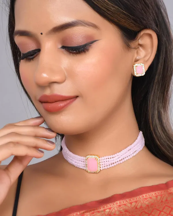 Pink_Sapphire_Shine_Beads_Ethnic_Neck_Chick_Set_With_Earring_|_Gemstone_Jewellery_Set_For_Women_And_Girls