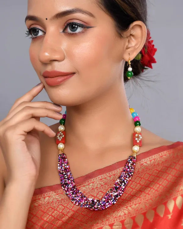 Multi_Shine_Small_Beads_Ethnic_Kundan_Polki_Necklace_With_Earring_Set_|_Gemstone_Jewellery_Set_For_Women_And_Girls