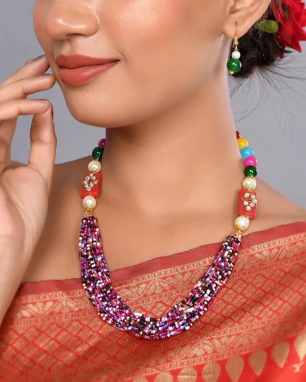 Multi_Shine_Small_Beads_Ethnic_Kundan_Polki_Necklace_With_Earring_Set_|_Gemstone_Jewellery_Set_For_Women_And_Girls