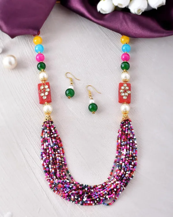 Multi_Shine_Small_Beads_Ethnic_Kundan_Polki_Necklace_With_Earring_Set_|_Gemstone_Jewellery_Set_For_Women_And_Girls