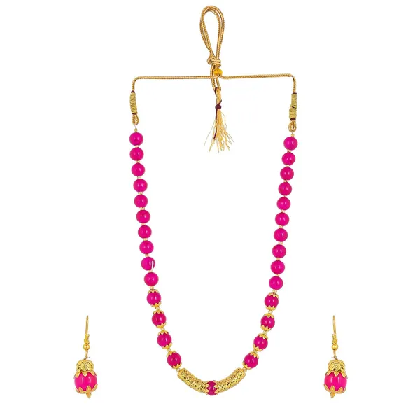 Pink_Sapphire_Shine_Round_Beads_Ethnic_Gold_Line_Necklace_With_Earring_Set_|_Gemstone_Jewellery_Set_For_Women_And_Girls