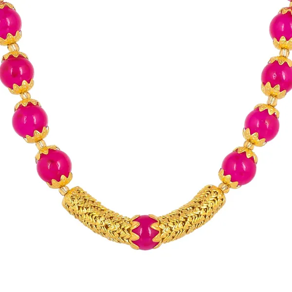 Pink_Sapphire_Shine_Round_Beads_Ethnic_Gold_Line_Necklace_With_Earring_Set_|_Gemstone_Jewellery_Set_For_Women_And_Girls