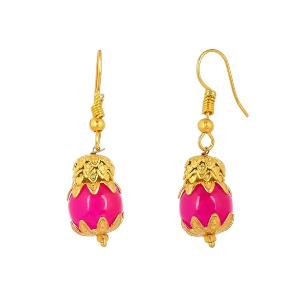 Pink_Sapphire_Shine_Round_Beads_Ethnic_Gold_Line_Necklace_With_Earring_Set_|_Gemstone_Jewellery_Set_For_Women_And_Girls