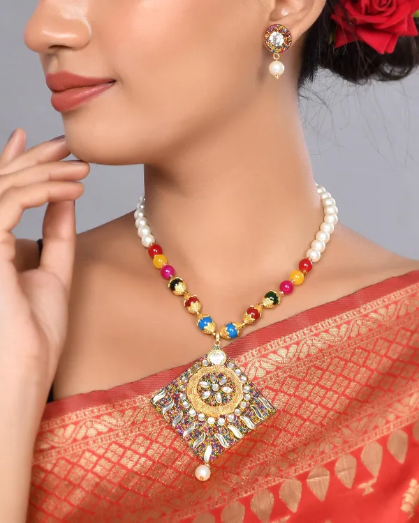 Multicolor_Shine_Beads_Square_Necklace_With_Earring_Set_|_Gemstone_Jewellery_Set_For_Women_And_Girls