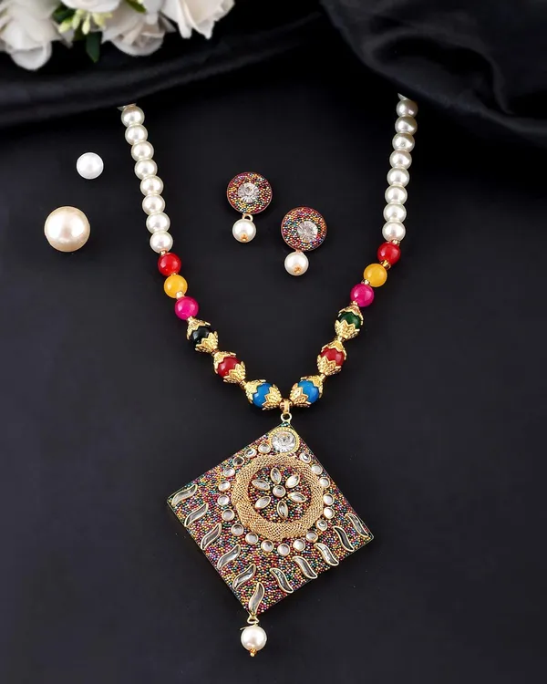 Multicolor_Shine_Beads_Square_Necklace_With_Earring_Set_|_Gemstone_Jewellery_Set_For_Women_And_Girls