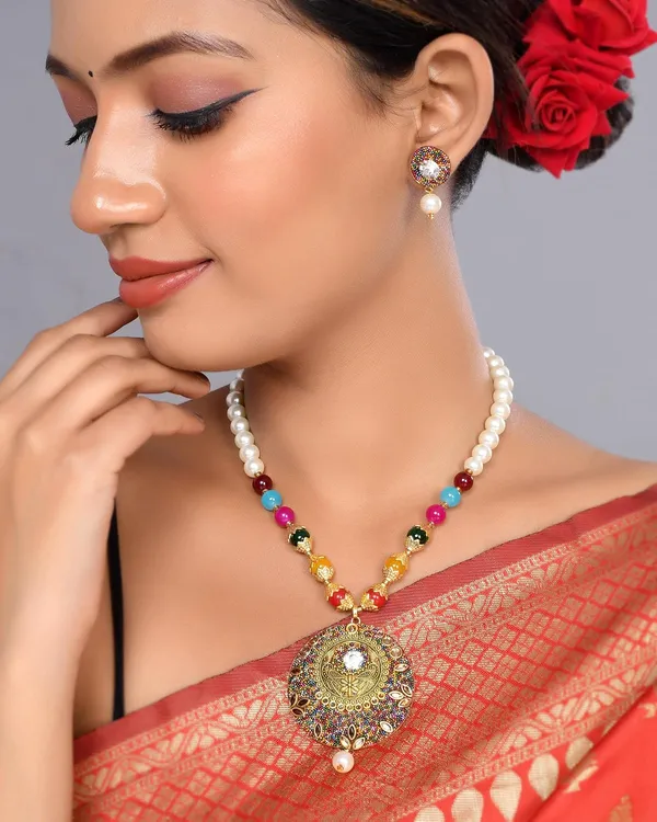 Multicolor_Shine_Beads_Round_Shape_Necklace_With_Earring_Set_|_Gemstone_Jewellery_Set_For_Women_And_Girls