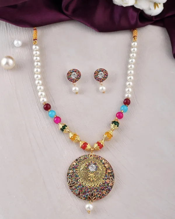 Multicolor_Shine_Beads_Round_Shape_Necklace_With_Earring_Set_|_Gemstone_Jewellery_Set_For_Women_And_Girls