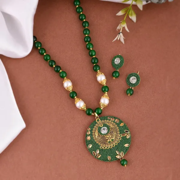 Green_Shine_Beads_Round_Shape_Necklace_With_Earring_Set_|_Gemstone_Jewellery_Set_For_Women_And_Girls