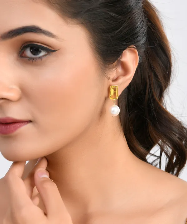 Yellow_Rectangle_Citrine_Pearl_Earrings_For_Women_&_Girl_|_Light_Weight_Fashion_Jewellery