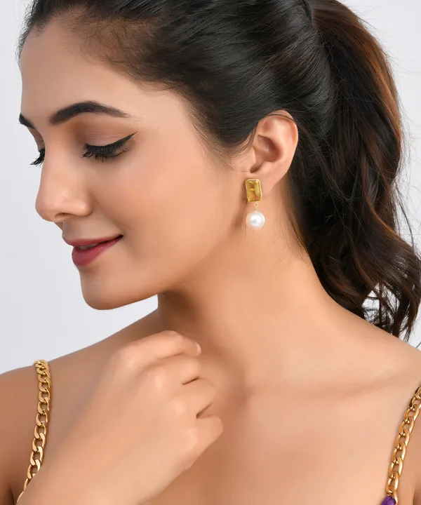 Yellow_Rectangle_Citrine_Pearl_Earrings_For_Women_&_Girl_|_Light_Weight_Fashion_Jewellery