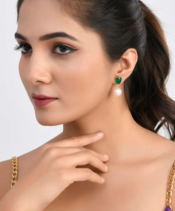 Green_Triangle_Emerald_Earrings_With_Pearl_For_Women_&_Girl_|_Light_Weight_Fashion_Jewellery
