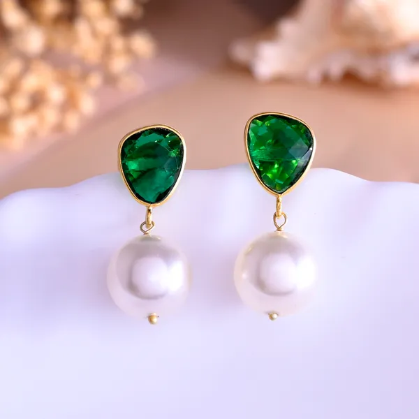 Green_Triangle_Emerald_Earrings_With_Pearl_For_Women_&_Girl_|_Light_Weight_Fashion_Jewellery