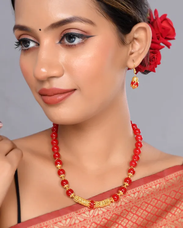 Light_Blue_Sapphire_Shine_Round_Beads_Ethnic_Gold_Line_Necklace_With_Earring_Set_|_Gemstone_Jewellery_Set_For_Women_And_Girls