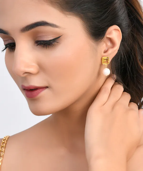 Yellow_Square_Citrine_Pearl_Earrings_For_Women_&_Girl_|_Light_Weight_Fashion_Jewellery
