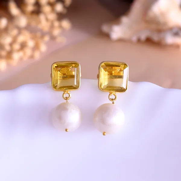 Yellow_Square_Citrine_Pearl_Earrings_For_Women_&_Girl_|_Light_Weight_Fashion_Jewellery
