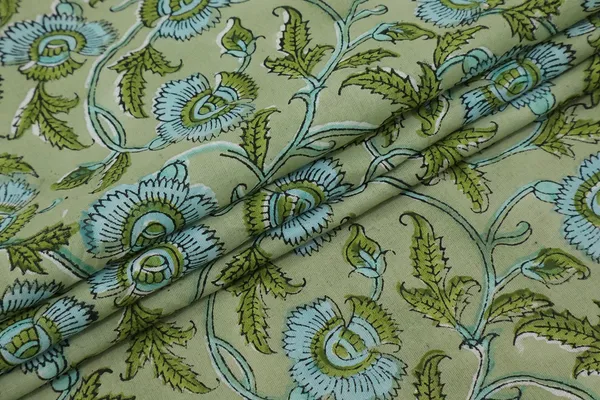Green_Cotton_Traditional_Floral_Hand_Block_Print_Unstiched_Material_For_Men's_Kurta_Shirts_&_Women's_Kurti_and_Other_Dress_Material