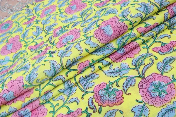 Yellow_Cotton_Traditional_Floral_Hand_Block_Print_Unstiched_Material_For_Men's_Kurta_Shirts_&_Women's_Kurti_and_Other_Dress_Material