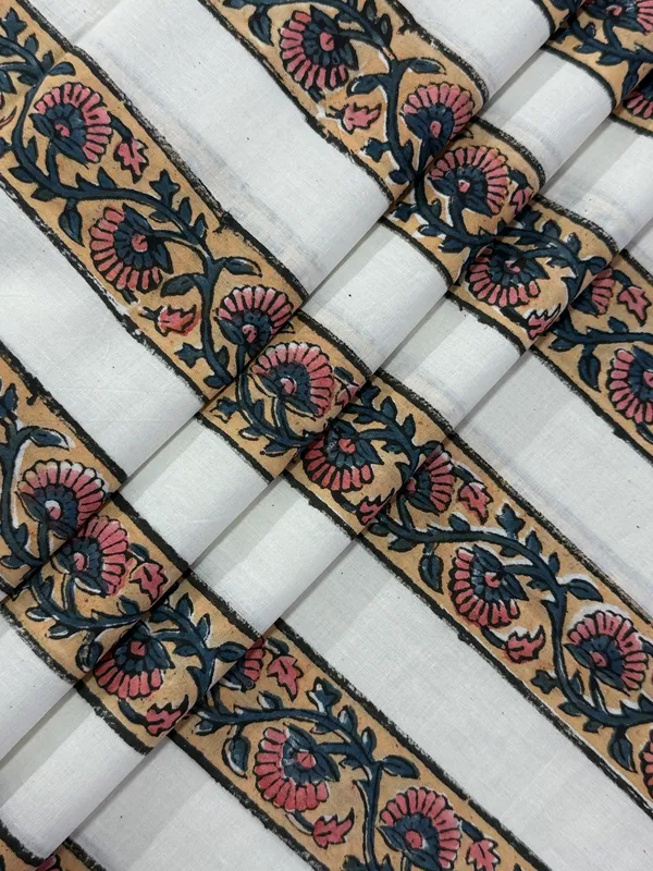 White_Cotton_Traditional_Floral_Hand_Block_Print_Unstiched_Material_For_Men's_Kurta_Shirts_&_Women's_Kurti_and_Other_Dress_Material