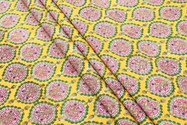 Yellow_Cotton_Traditional_Floral_Hand_Block_Print_Unstiched_Material_For_Men's_Kurta_Shirts_&_Women's_Kurti_and_Other_Dress_Material