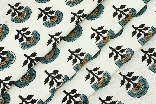 White_Cotton_Traditional_Floral_Hand_Block_Print_Unstiched_Material_For_Men's_Kurta_Shirts_&_Women's_Kurti_and_Other_Dress_Material