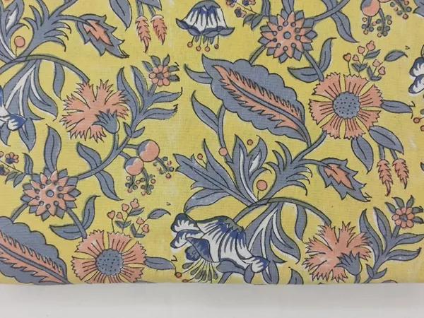 Yellow_Cotton_Traditional_Floral_Hand_Block_Print_Unstiched_Material_For_Men's_Kurta_Shirts_&_Women's_Kurti_and_Other_Dress_Material