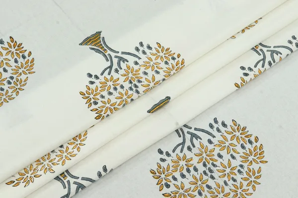 White_Cotton_Traditional_Floral_Hand_Block_Print_Unstiched_Material_For_Men's_Kurta_Shirts_&_Women's_Kurti_and_Other_Dress_Material