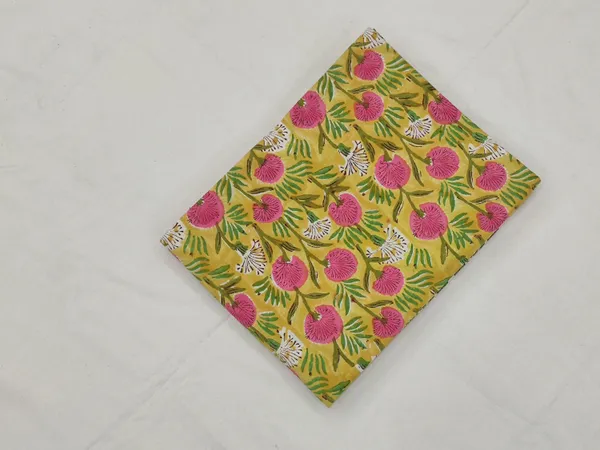 Yellow_Cotton_Traditional_Floral_Hand_Block_Print_Unstiched_Material_For_Men's_Kurta_Shirts_&_Women's_Kurti_and_Other_Dress_Material