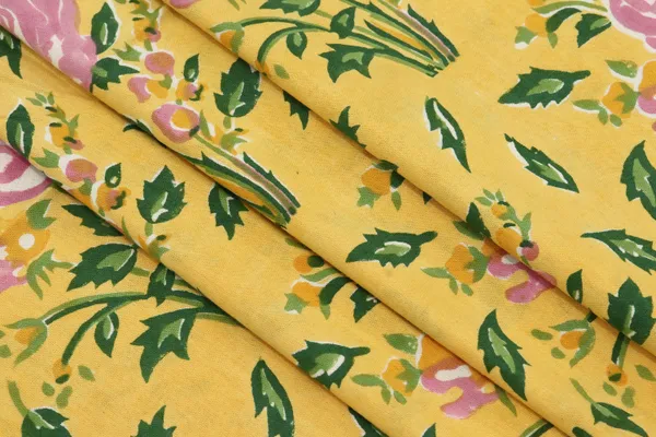 Yellow_Cotton_Traditional_Floral_Hand_Block_Print_Unstiched_Material_For_Men's_Kurta_Shirts_&_Women's_Kurti_and_Other_Dress_Material