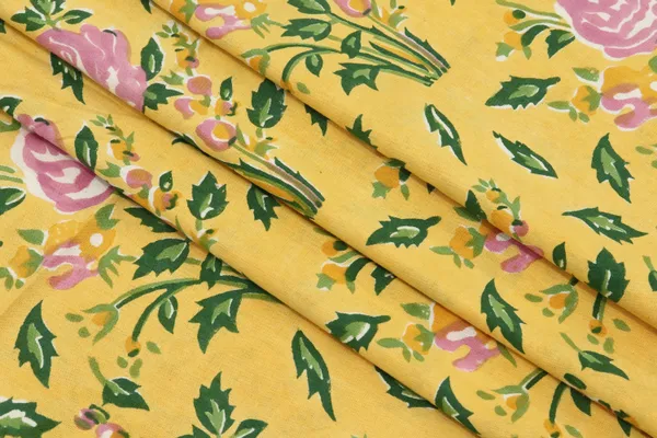 Yellow_Cotton_Traditional_Floral_Hand_Block_Print_Unstiched_Material_For_Men's_Kurta_Shirts_&_Women's_Kurti_and_Other_Dress_Material