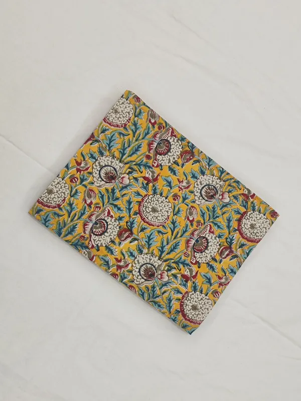 Yellow_Cotton_Traditional_Floral_Hand_Block_Print_Unstiched_Material_For_Men's_Kurta_Shirts_&_Women's_Kurti_and_Other_Dress_Material