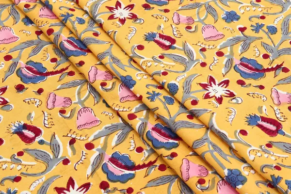 Yellow_Cotton_Traditional_Floral_Hand_Block_Print_Unstiched_Material_For_Men's_Kurta_Shirts_&_Women's_Kurti_and_Other_Dress_Material