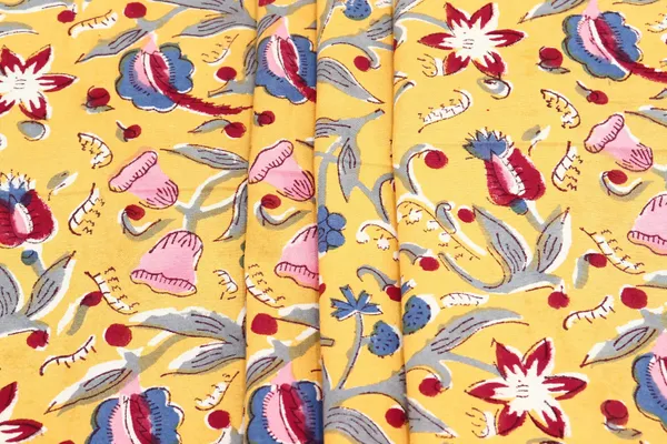 Yellow_Cotton_Traditional_Floral_Hand_Block_Print_Unstiched_Material_For_Men's_Kurta_Shirts_&_Women's_Kurti_and_Other_Dress_Material