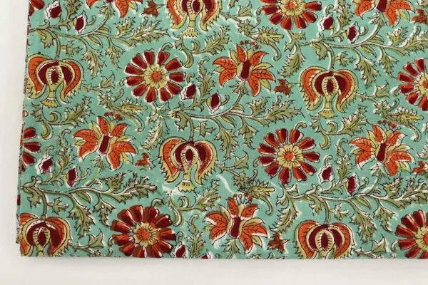 Green_Cotton_Traditional_Floral_Hand_Block_Print_Unstiched_Material_For_Men's_Kurta_Shirts_&_Women's_Kurti_and_Other_Dress_Material