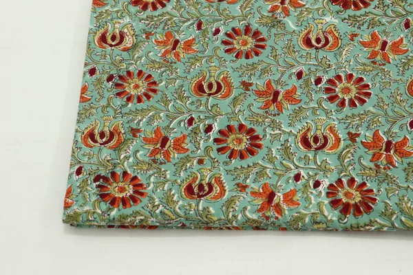 Green_Cotton_Traditional_Floral_Hand_Block_Print_Unstiched_Material_For_Men's_Kurta_Shirts_&_Women's_Kurti_and_Other_Dress_Material