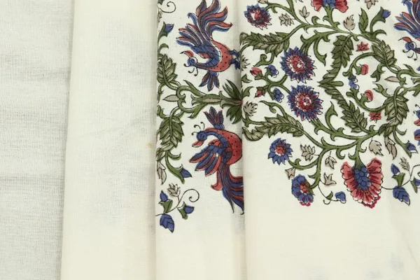 White_Cotton_Traditional_Floral_Hand_Block_Print_Unstiched_Material_For_Men's_Kurta_Shirts_&_Women's_Kurti_and_Other_Dress_Material