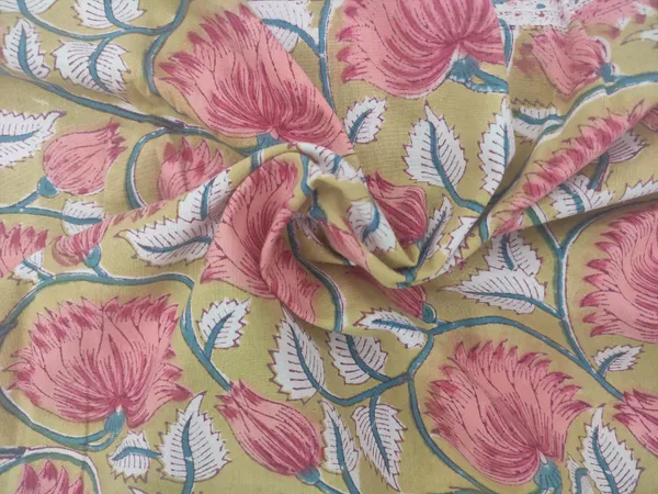 Yellow_Cotton_Traditional_Floral_Hand_Block_Print_Unstiched_Material_For_Men's_Kurta_Shirts_&_Women's_Kurti_and_Other_Dress_Material
