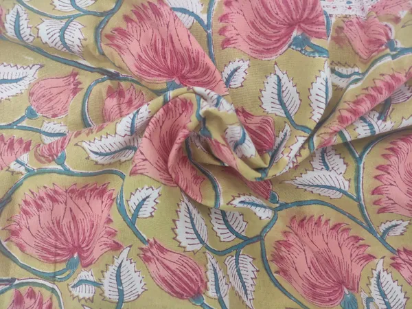 Yellow_Cotton_Traditional_Floral_Hand_Block_Print_Unstiched_Material_For_Men's_Kurta_Shirts_&_Women's_Kurti_and_Other_Dress_Material