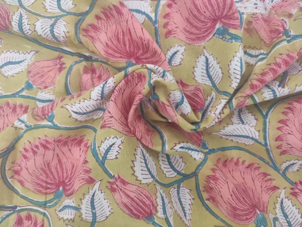 Yellow_Cotton_Traditional_Floral_Hand_Block_Print_Unstiched_Material_For_Men's_Kurta_Shirts_&_Women's_Kurti_and_Other_Dress_Material