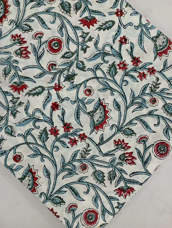 White_Cotton_Traditional_Floral_Hand_Block_Print_Unstiched_Material_For_Men's_Kurta_Shirts_&_Women's_Kurti_and_Other_Dress_Material
