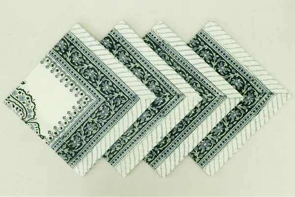 Pure_Cotton_Dark_Green_And_White_Floral_Hand_Block_Print_Napkin_Cocktail_Napkin_Dinner_Napkin_Buffet_Napkin_Horde_Oeuvres
