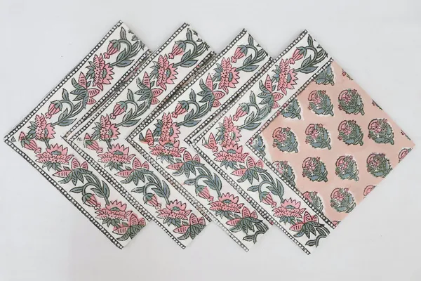 Pure_Cotton_Peach_Pink_And_Green_Floral_Hand_Block_Print_Napkin_Cocktail_Napkin_Dinner_Napkin_Buffet_Napkin_Horde_Oeuvres