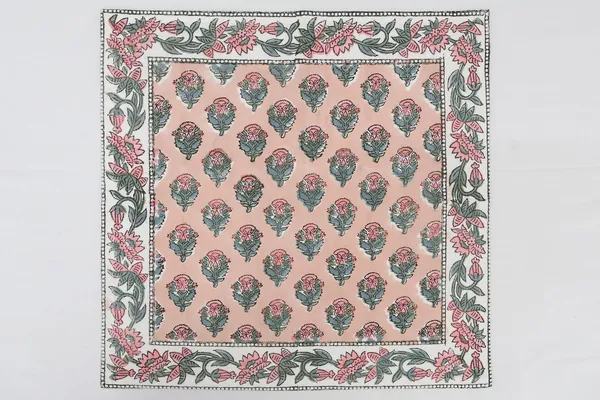 Pure_Cotton_Peach_Pink_And_Green_Floral_Hand_Block_Print_Napkin_Cocktail_Napkin_Dinner_Napkin_Buffet_Napkin_Horde_Oeuvres