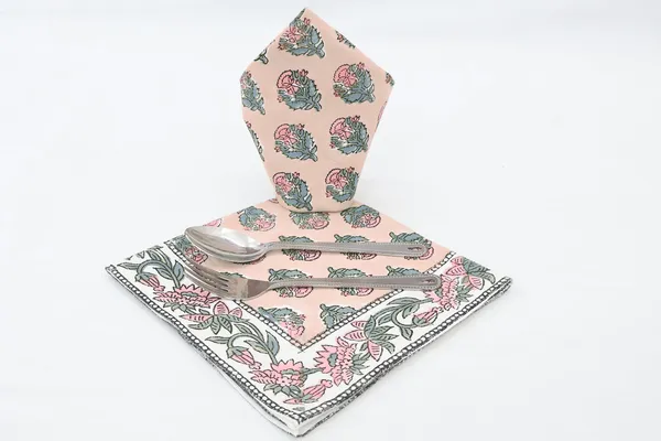 Pure_Cotton_Peach_Pink_And_Green_Floral_Hand_Block_Print_Napkin_Cocktail_Napkin_Dinner_Napkin_Buffet_Napkin_Horde_Oeuvres