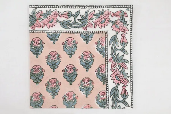 Pure_Cotton_Peach_Pink_And_Green_Floral_Hand_Block_Print_Napkin_Cocktail_Napkin_Dinner_Napkin_Buffet_Napkin_Horde_Oeuvres