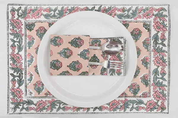 Pure_Cotton_Peach_Pink_And_Green_Floral_Hand_Block_Print_Napkin_Cocktail_Napkin_Dinner_Napkin_Buffet_Napkin_Horde_Oeuvres